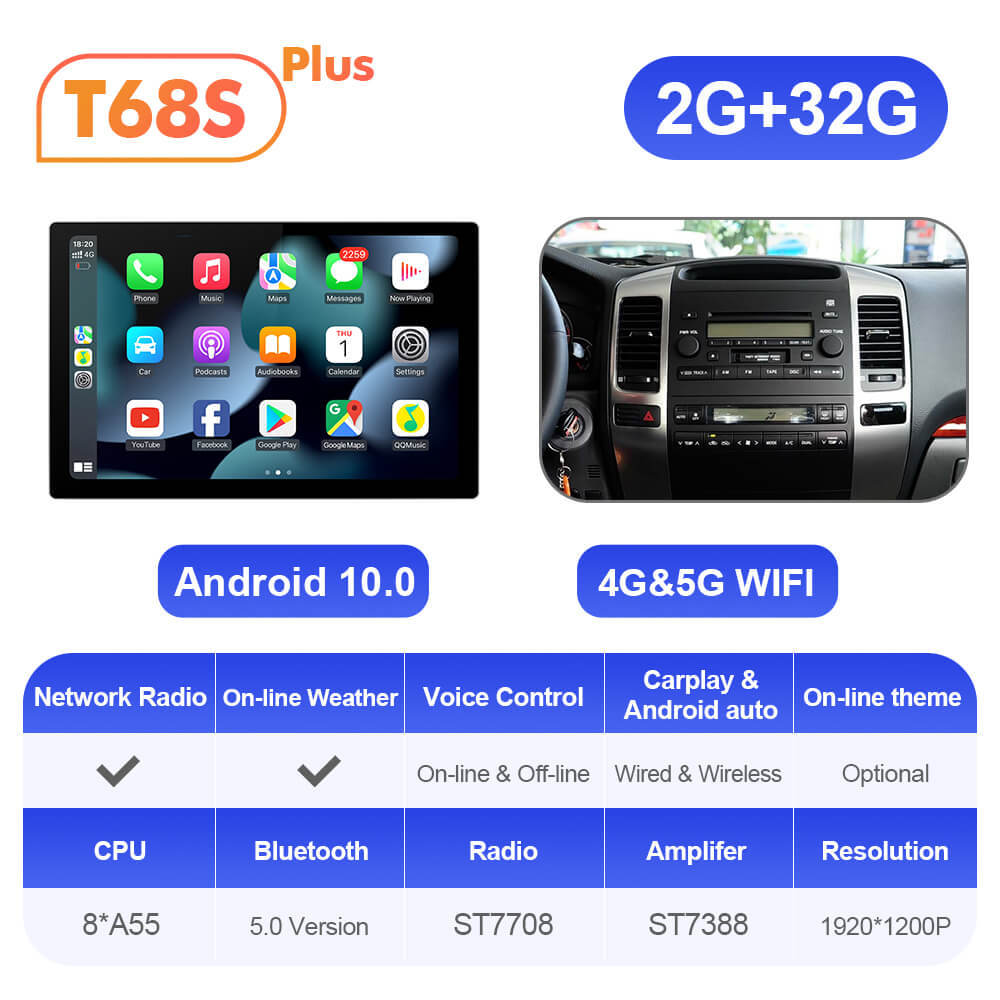 ISUDAR 2K 13.1'' Carplay Car Multimedia Radio Player For Toyota Land Cruiser Prado 120 2002-2009