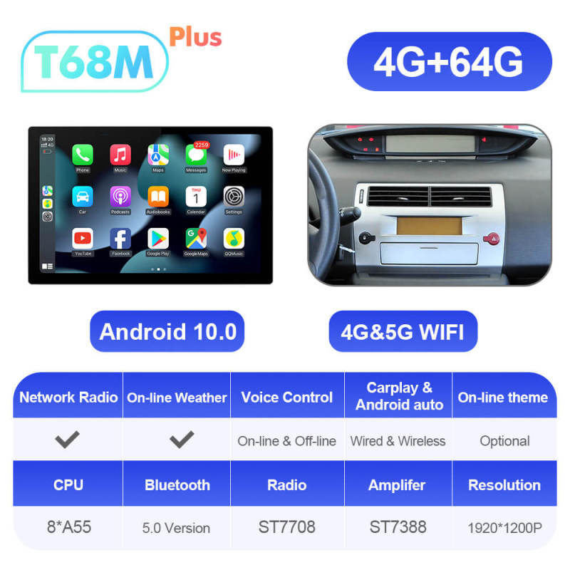 ISUDAR 2K 13.1'' Android 10 Car Multimedia Radio Player Navi For Citroen C4 C-Triomphe C-Quatre 2004-2009