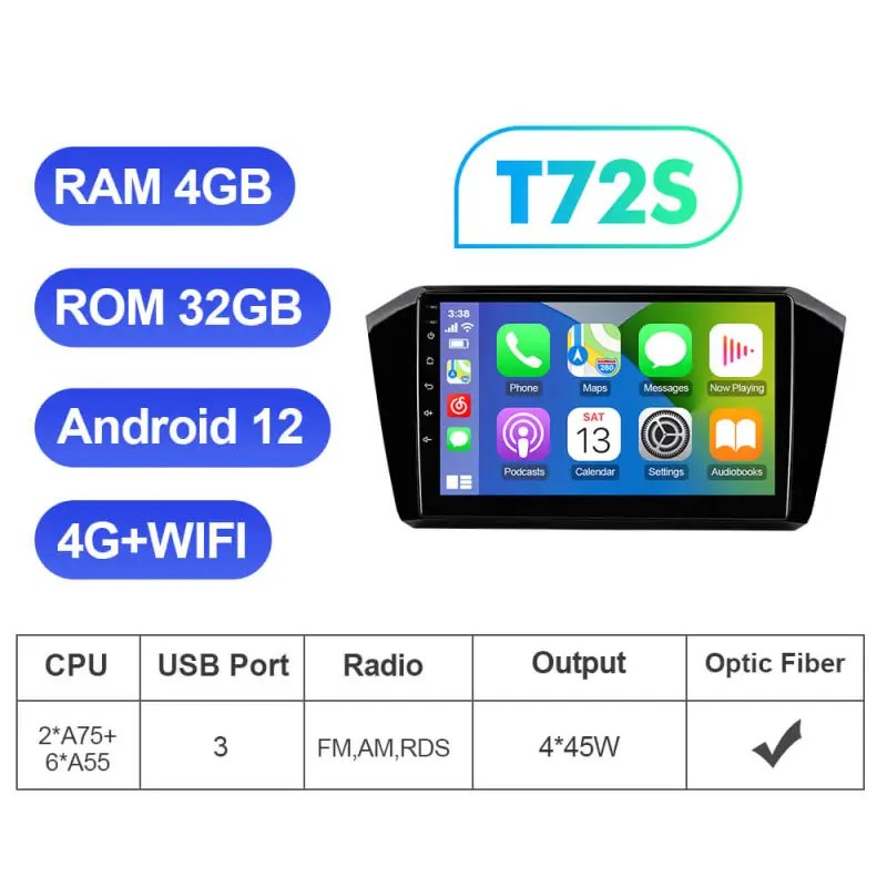 T72 Upgraded Android 12 Auto radio Wireless Carplay For VW/Volkswagen Passat B8 2015-
