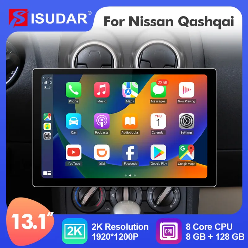 ISUDAR 2K 13.1 Inch 4G Sim Card Android 10 Car Radio For Nissan Qashqai J10 2006-2013