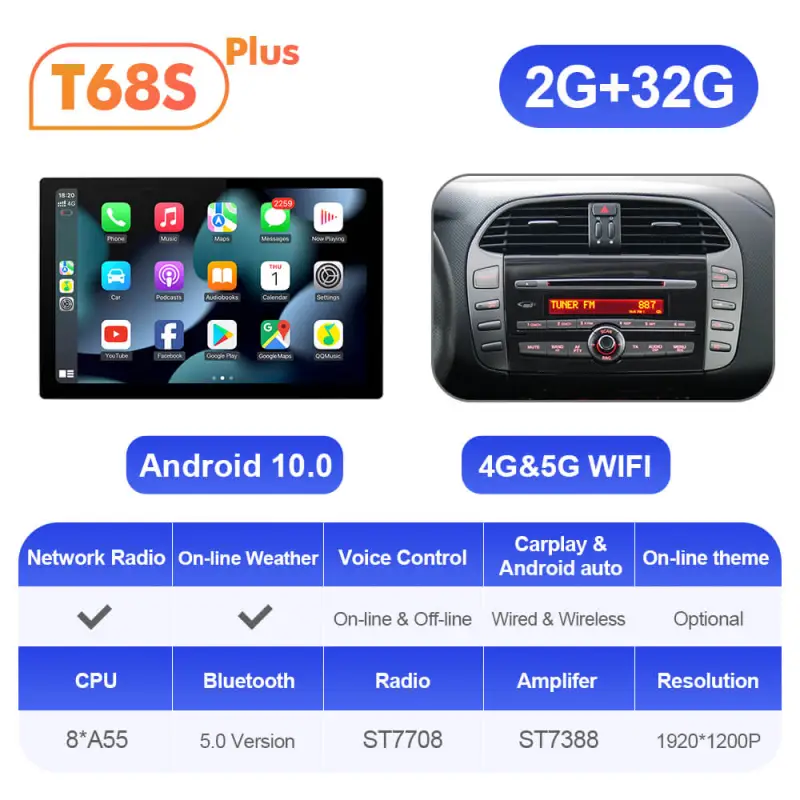 ISUDAR 2K 13.1 Inch 8 Core Androd Auto Carplay Car Radio For Fiat Bravo 2007-2012