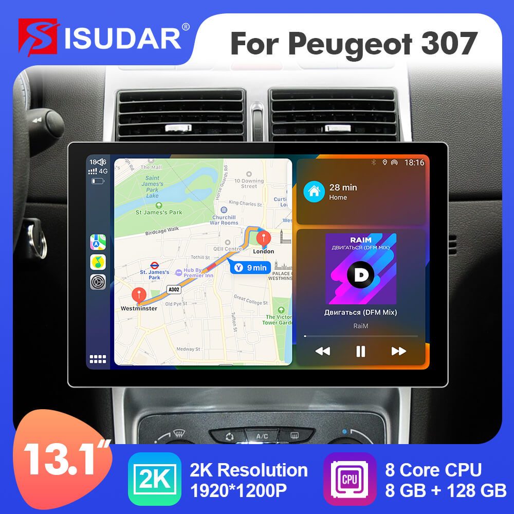 ISUDAR 2K 13.1 Inch 8 Core Android 10 Car Radio For PEUGEOT 307 SW 307 2002 - 2013 Auto