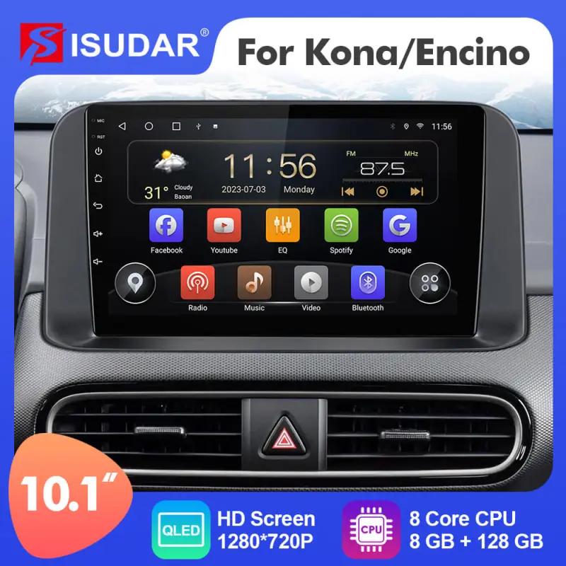 ISUDAR 10.1 Inch Android 12 Car Radio For Hyundai Kona/Encino 2017-2019 GPS Multimedia Player Stereo