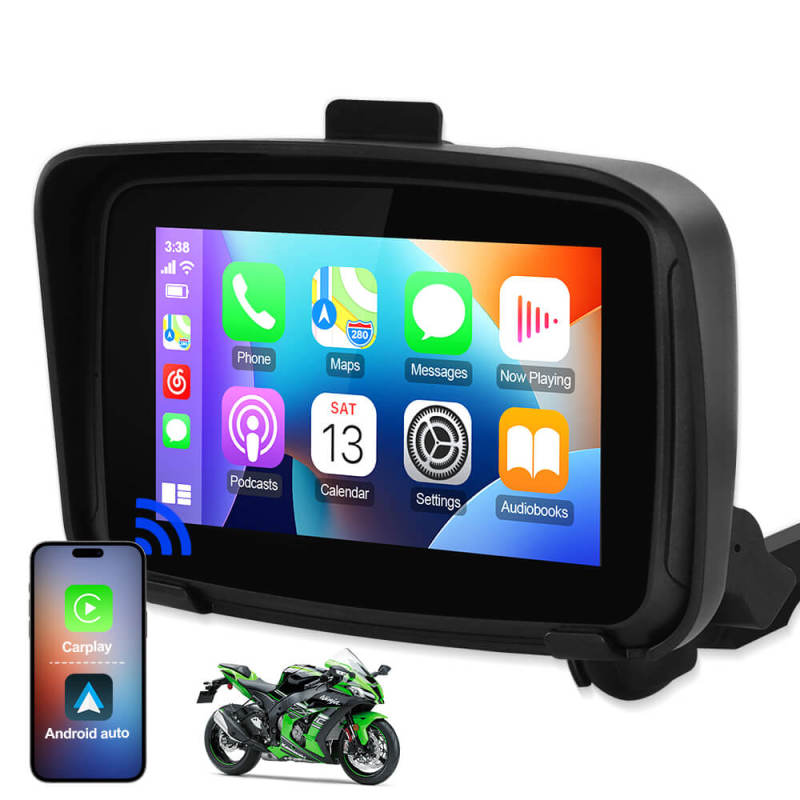 Wireless Apple Portable Carplay Motorcycle Android Auto, 5'' IPS Touch Screen for Motorcycle GPS Navigator Google Assistant