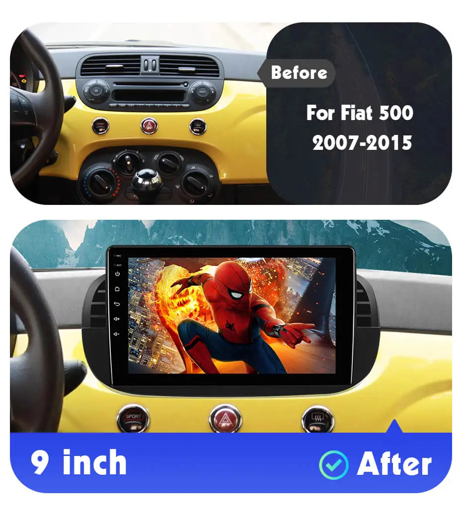 For Fiat 500 2007-2015 9 inch 1280*720P Android Apple Carplay Car Radio  Multimedia Navi