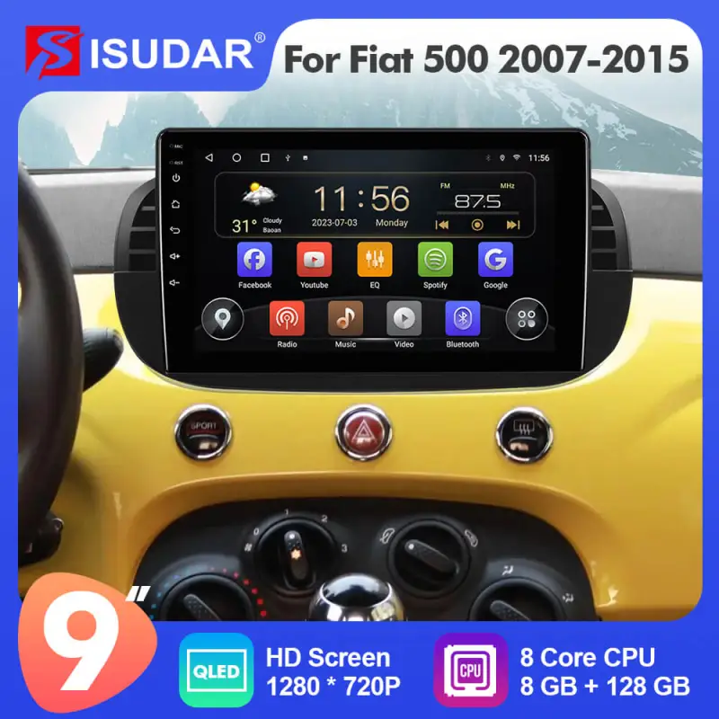 For Fiat 500 2007-2015 9 inch 1280*720P Android Apple Carplay Car Radio Multimedia Navi