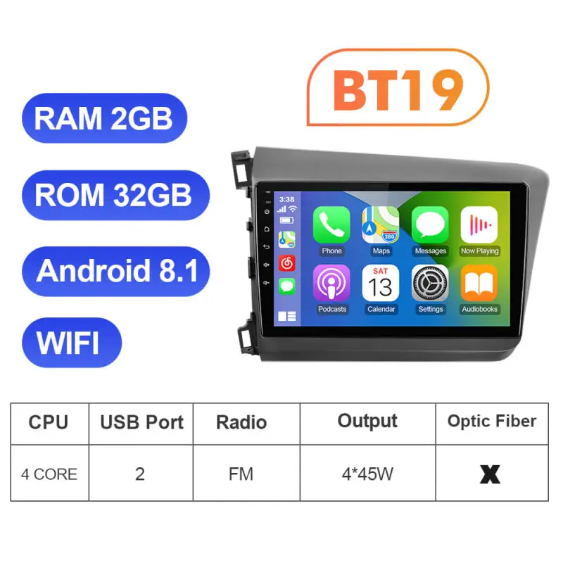 ISUDAR T72 Android 12 Car Radio 9'' For Honda Civic 2012 2013 2014 2015 Wireless Carplay