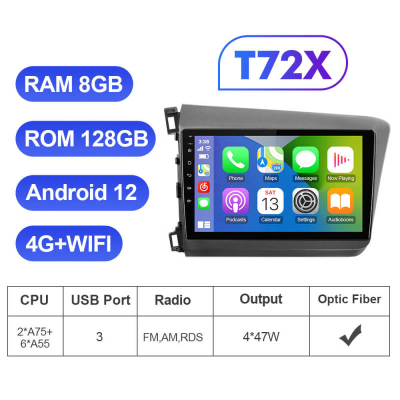 ISUDAR T72 Android 12 Car Radio 9'' For Honda Civic 2012 2013 2014 2015 Wireless Carplay