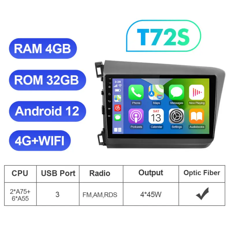 ISUDAR T72 Android 12 Car Radio 9'' For Honda Civic 2012 2013 2014 2015 Wireless Carplay