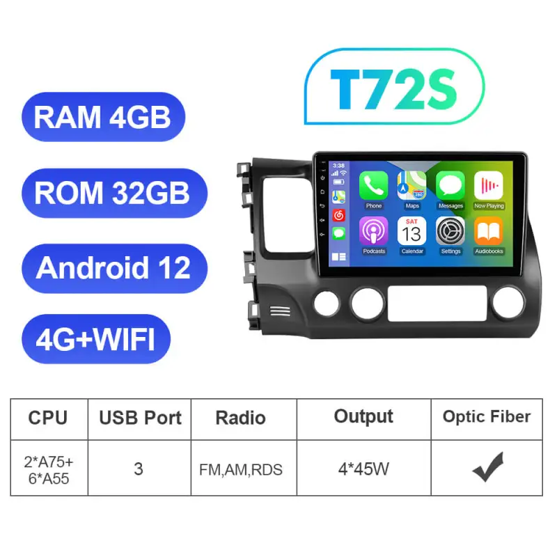 Android 12 Head Unit For Honda Civic 2006-2012 Car Radio Multimedia Apple Carplay