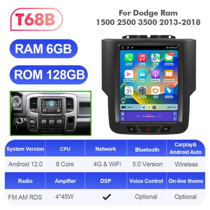 ISUDAR Android 12 Tesla Style Car Radio For Dodge Ram 1500 2500 3500 2013-2018 Auto Car Multimedia