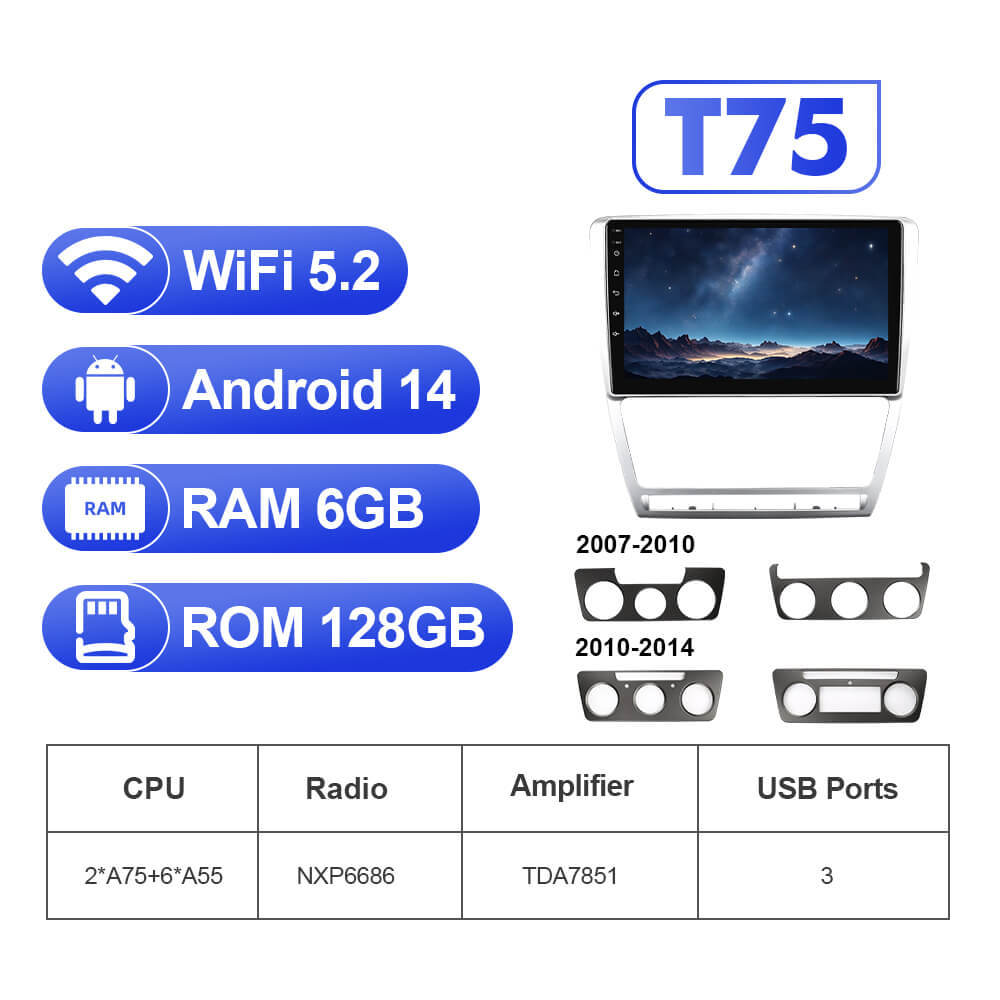 For Skoda Octavia A5 2007-2014 T75 Upgrade from T72  Android 14 UIS7865 Car Radio