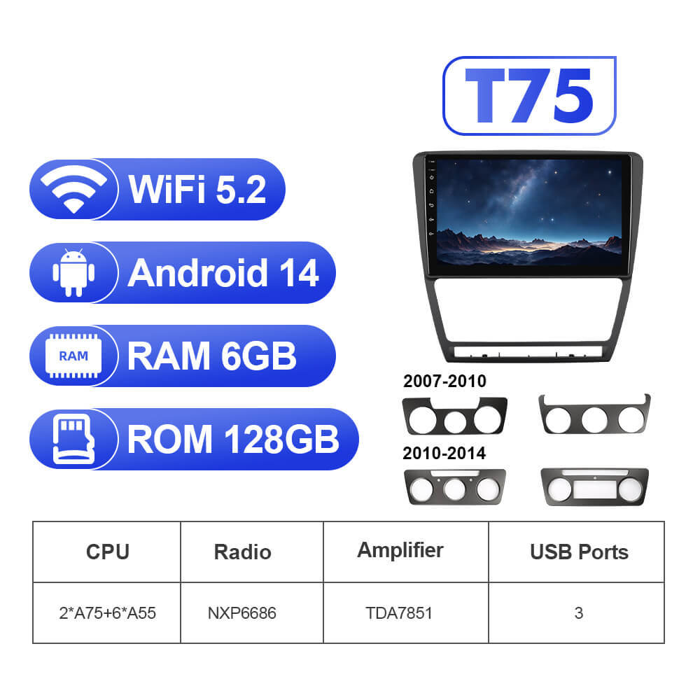 For Skoda Octavia A5 2007-2014 T75 Upgrade from T72  Android 14 UIS7865 Car Radio