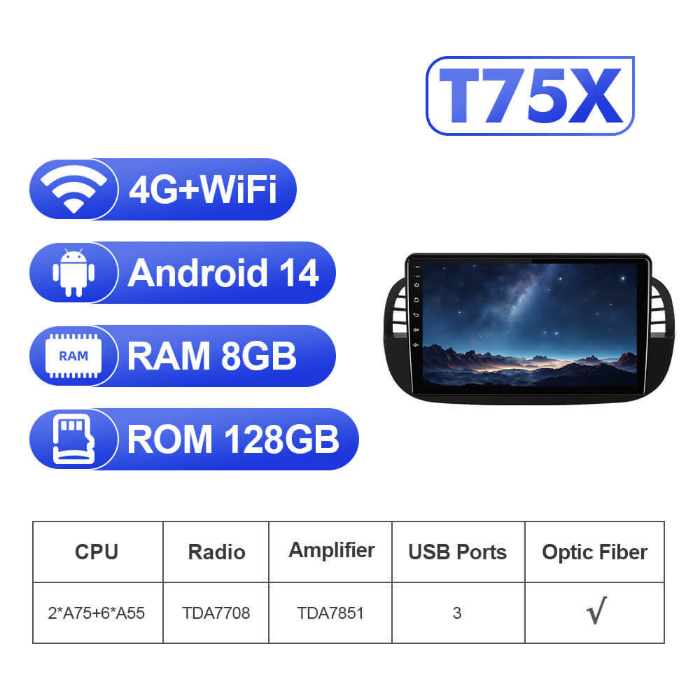 Upgrade from T72 - T75 series Android 14 UIS7865 Car Radio For Fiat 500 2007-2015