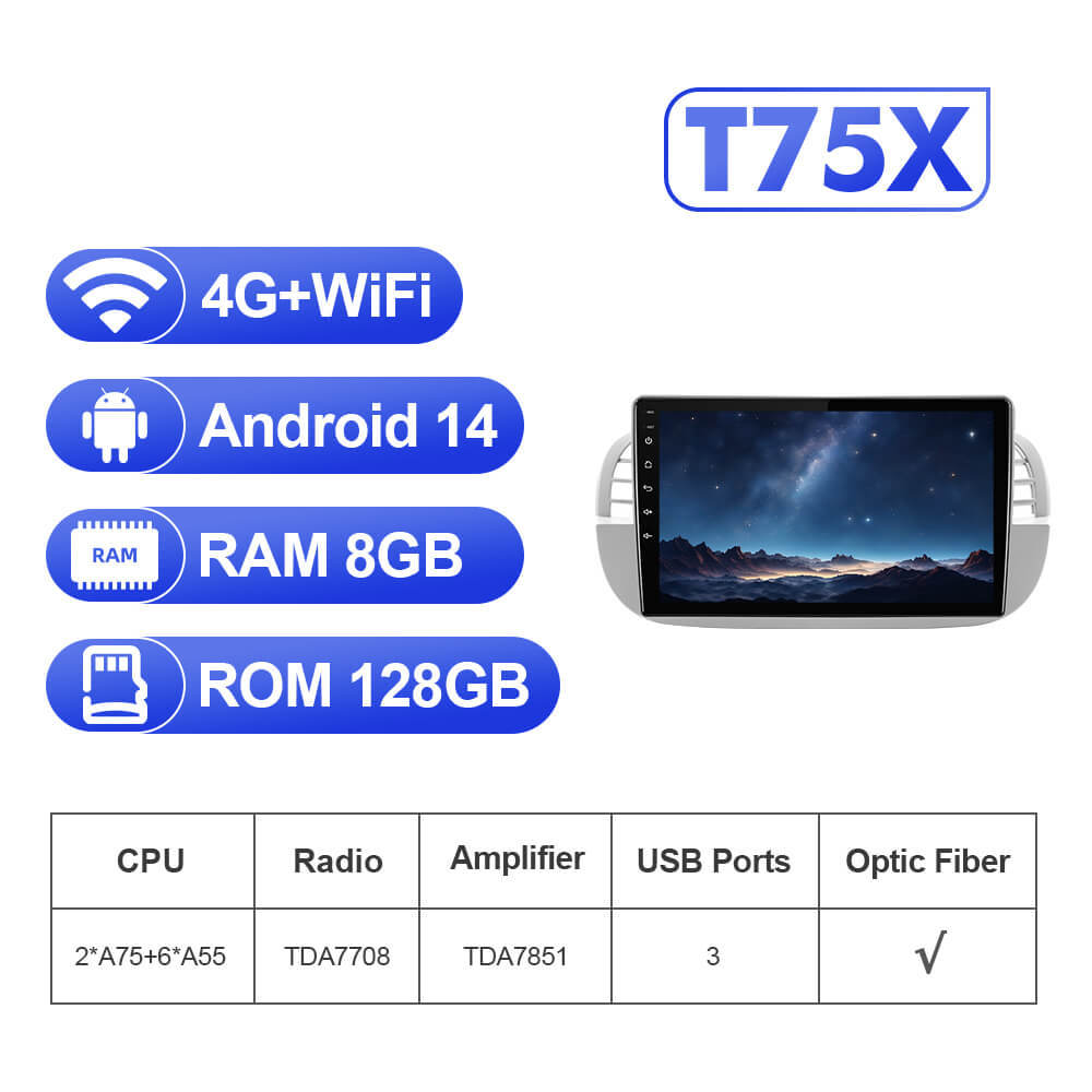 Upgrade from T72 - T75 series Android 14 UIS7865 Car Radio For Fiat 500 2007-2015