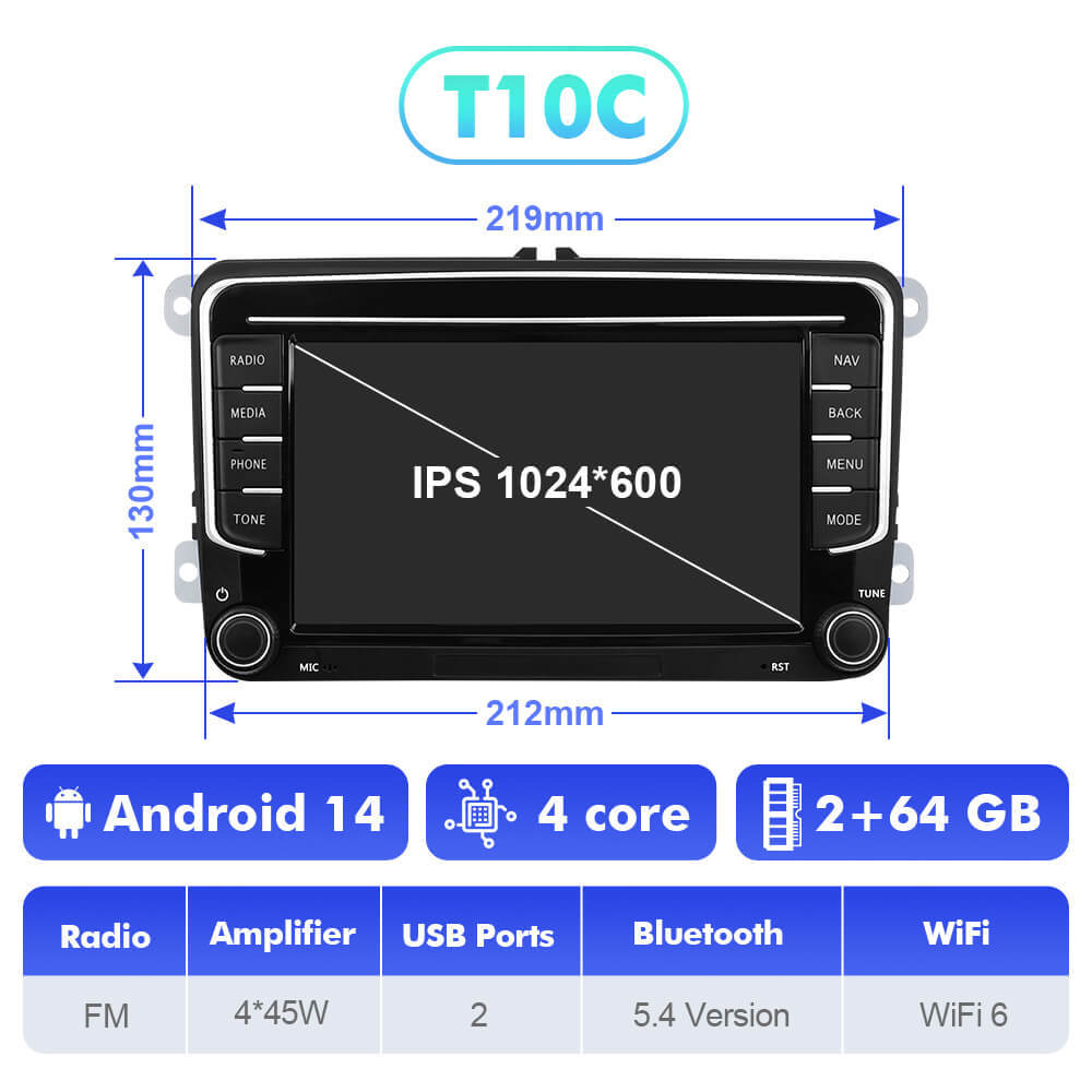T75/T10C/T10M Android 14 For VW/Volkswagen/POLO/Golf/Skoda/Seat/Leon/PASSAT B6 - 7 inch 1024*600P Car Radio -VW0702