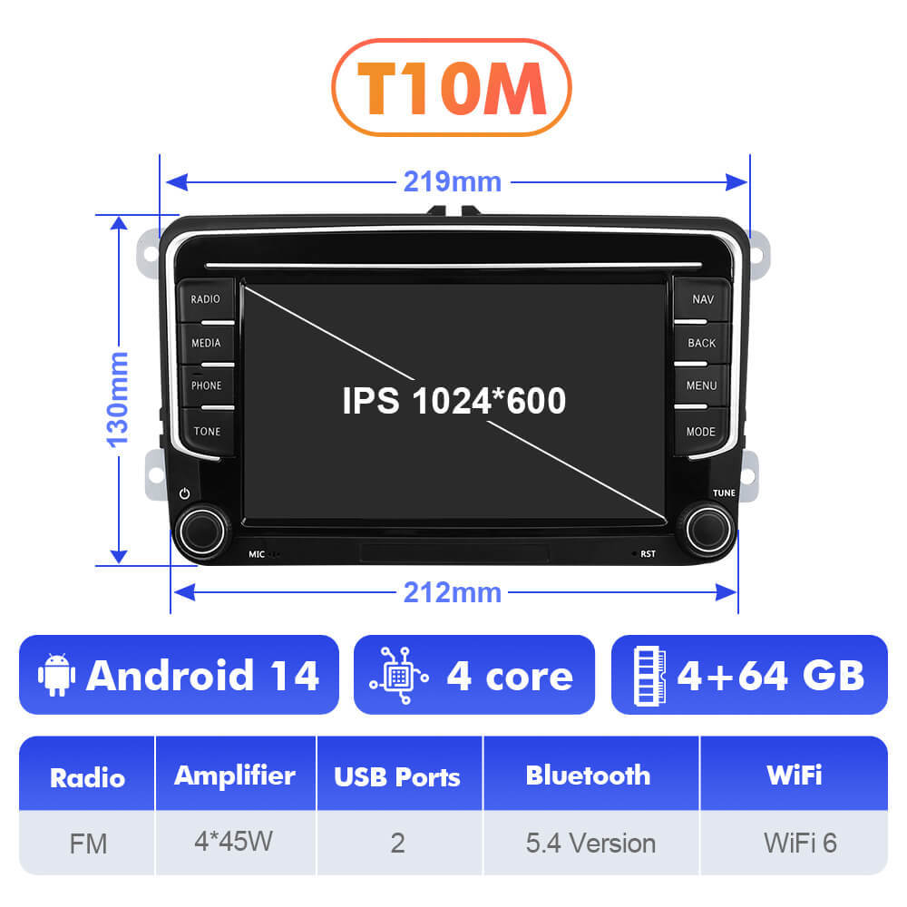 T75/T10C/T10M Android 14 For VW/Volkswagen/POLO/Golf/Skoda/Seat/Leon/PASSAT B6 - 7 inch 1024*600P Car Radio -VW0702