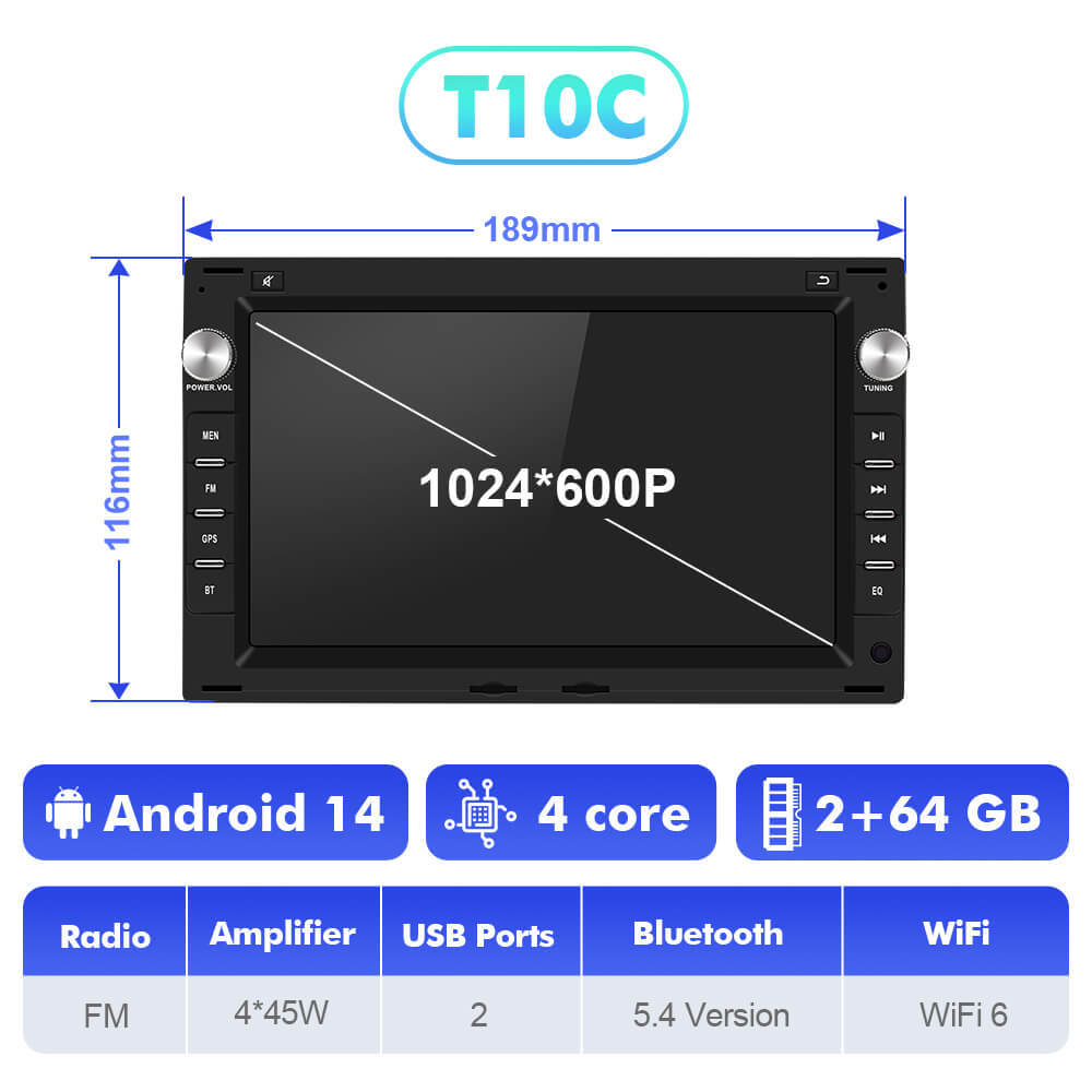 T75/T10C/T10M Android 14 For VW/Volkswagen/GOLF/POLO/TRANSPORT T5/Passat B5/SHARAN/Bora - 7 inch 1024*600P Car Radio -VW0701