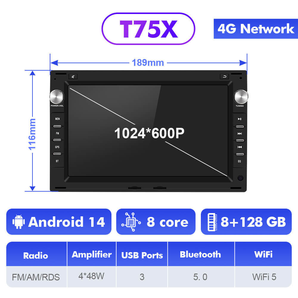T75/T10C/T10M Android 14 For VW/Volkswagen/GOLF/POLO/TRANSPORT T5/Passat B5/SHARAN/Bora - 7 inch 1024*600P Car Radio -VW0701