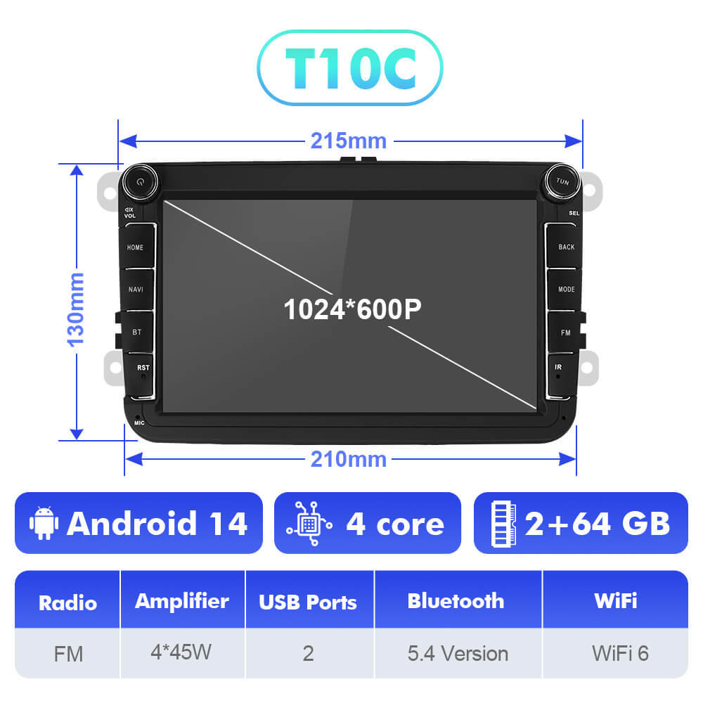 T75/T10C/T10M Android 14 For VW/Volkswagen/POLO/Golf/Skoda/Seat/Leon/PASSAT B6 - 8 inch 1024*600P Car Radio -VW0803