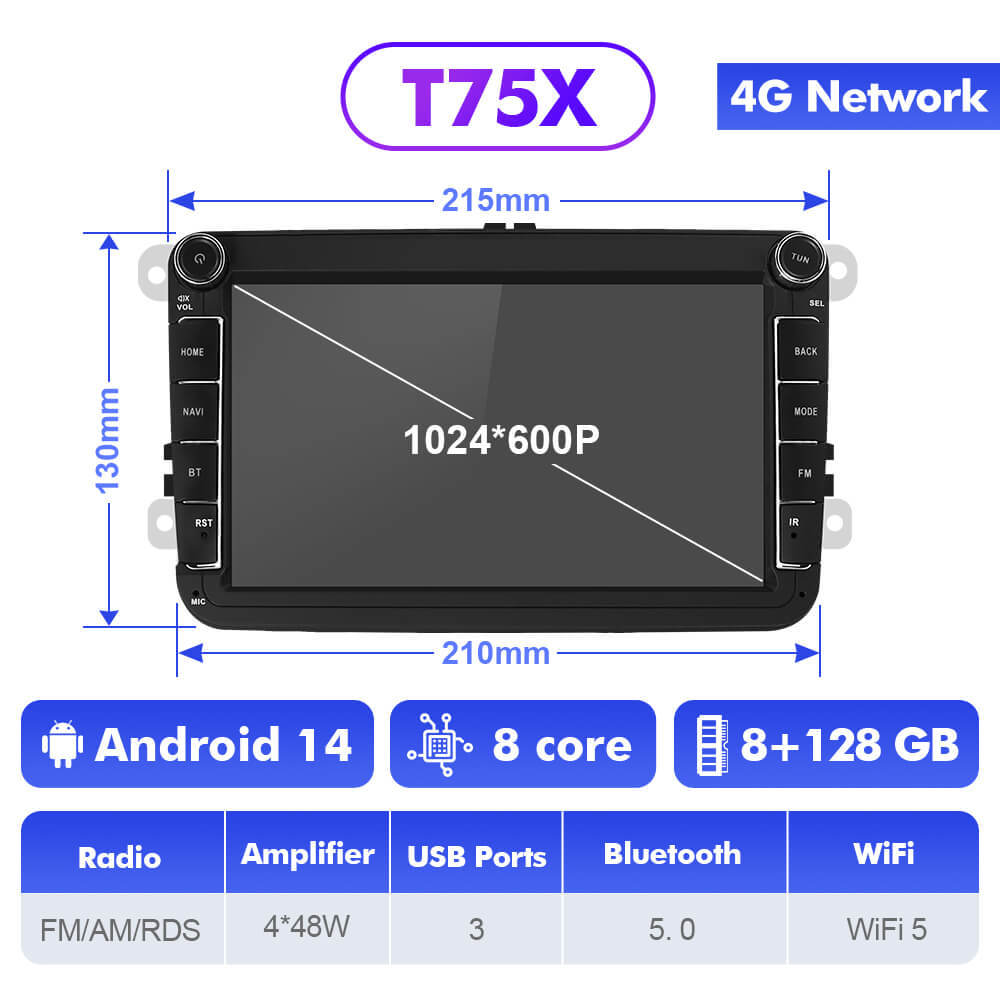 T75/T10C/T10M Android 14 For VW/Volkswagen/POLO/Golf/Skoda/Seat/Leon/PASSAT B6 - 8 inch 1024*600P Car Radio -VW0803