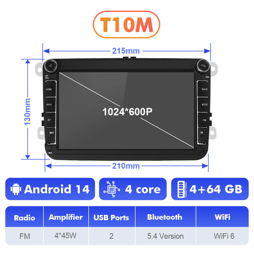 T75/T10C/T10M Android 14 For VW/Volkswagen/POLO/Golf/Skoda/Seat/Leon/PASSAT B6 - 8 inch 1024*600P Car Radio -VW0803
