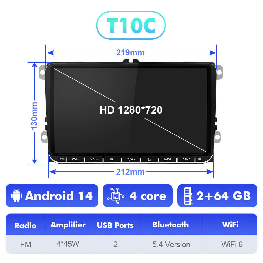 T75/T10C/T10M Android 14 For VW/Volkswagen/POLO/Golf/Skoda/Seat/Leon/PASSAT B6 - 9 inch 1280*700P Car Radio -VW0907