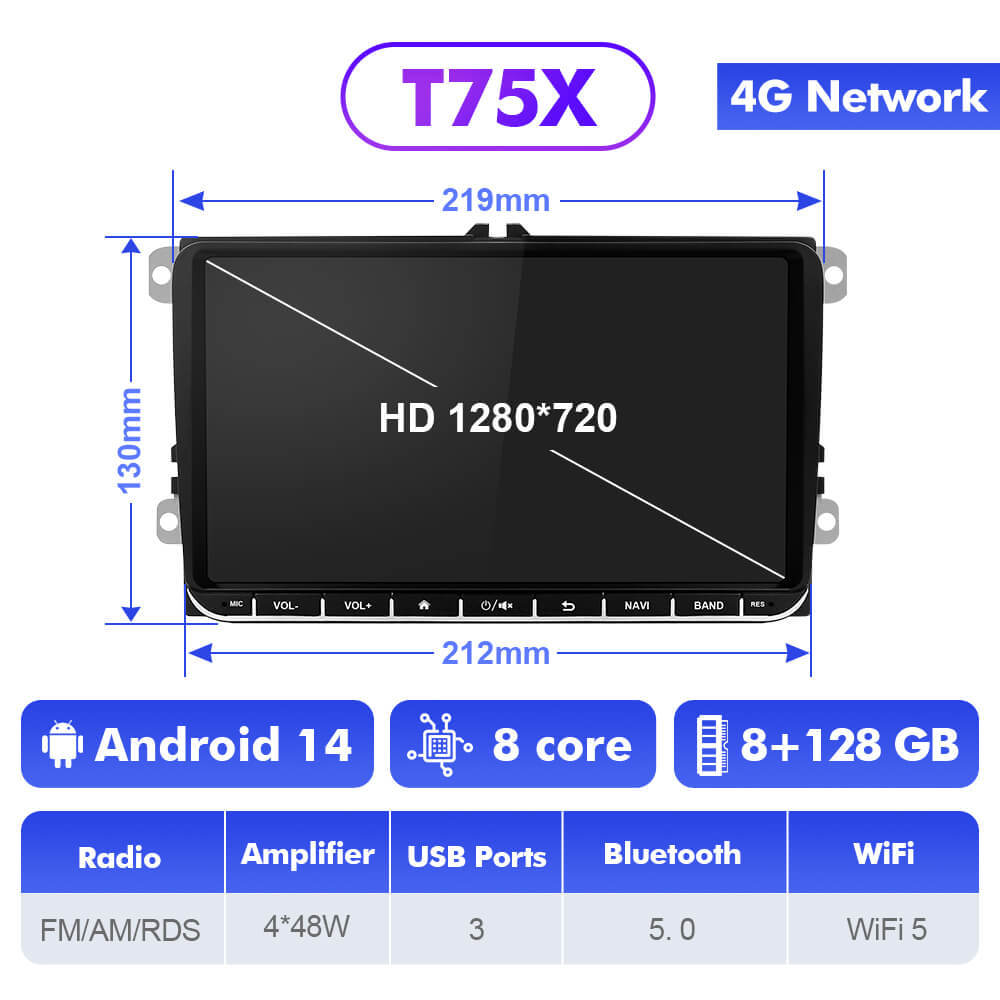 T75/T10C/T10M Android 14 For VW/Volkswagen/POLO/Golf/Skoda/Seat/Leon/PASSAT B6 - 9 inch 1280*700P Car Radio -VW0907