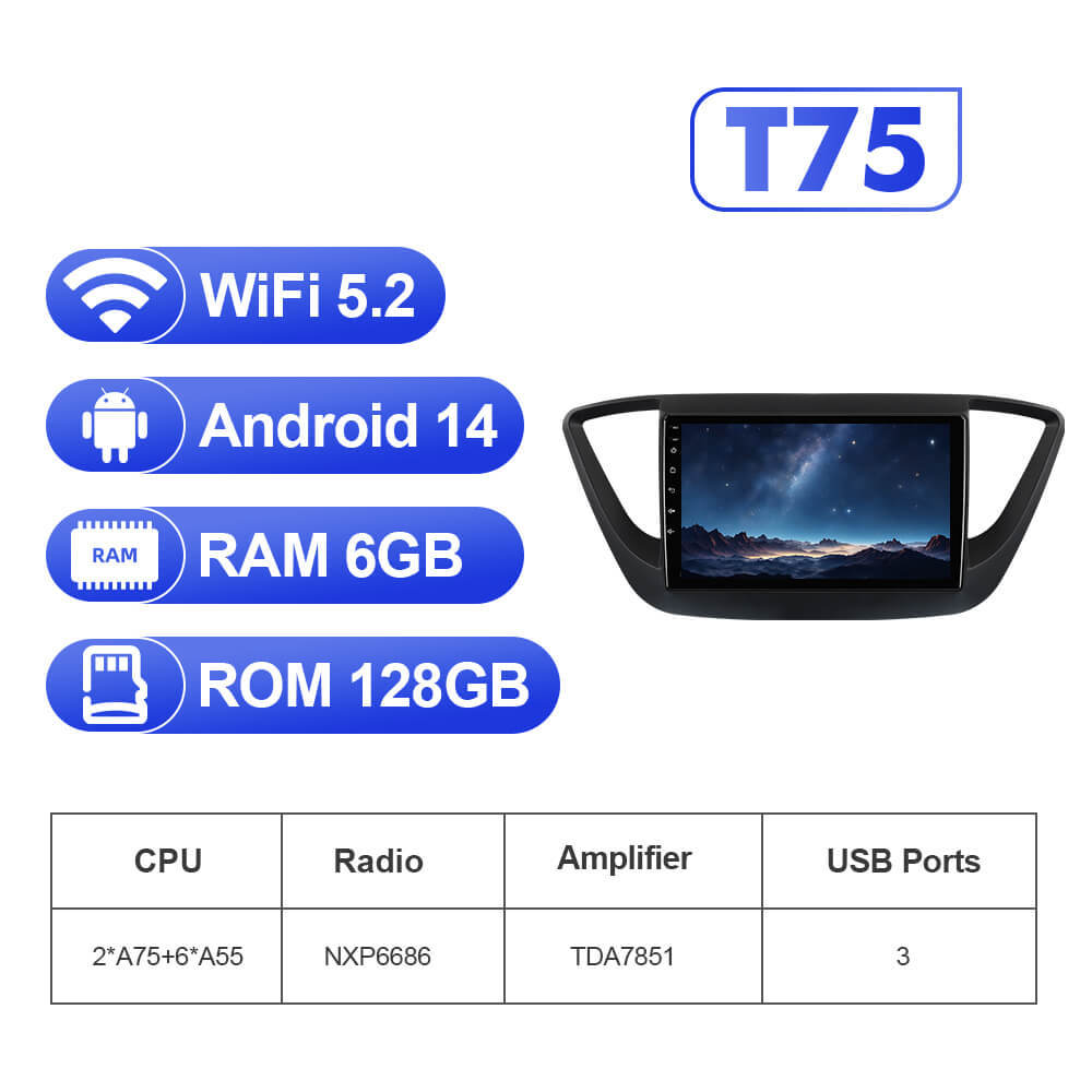 Upgrade from T72 - T75 series Android 14 UIS7865 Car Radio For Hyundai Solaris 2 2017-2020