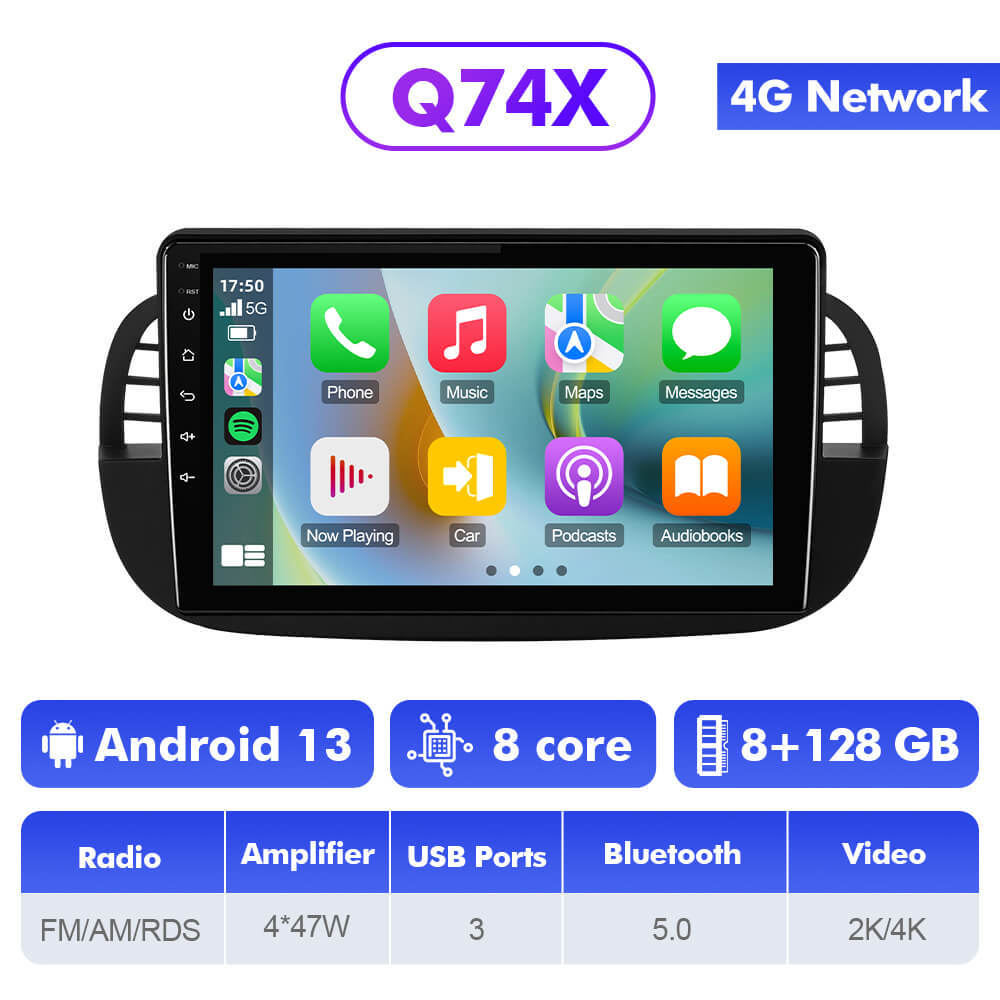 Q74X Qualcomm Android 13 Cat Stereo 9"  For Fiat 500 2007-2015