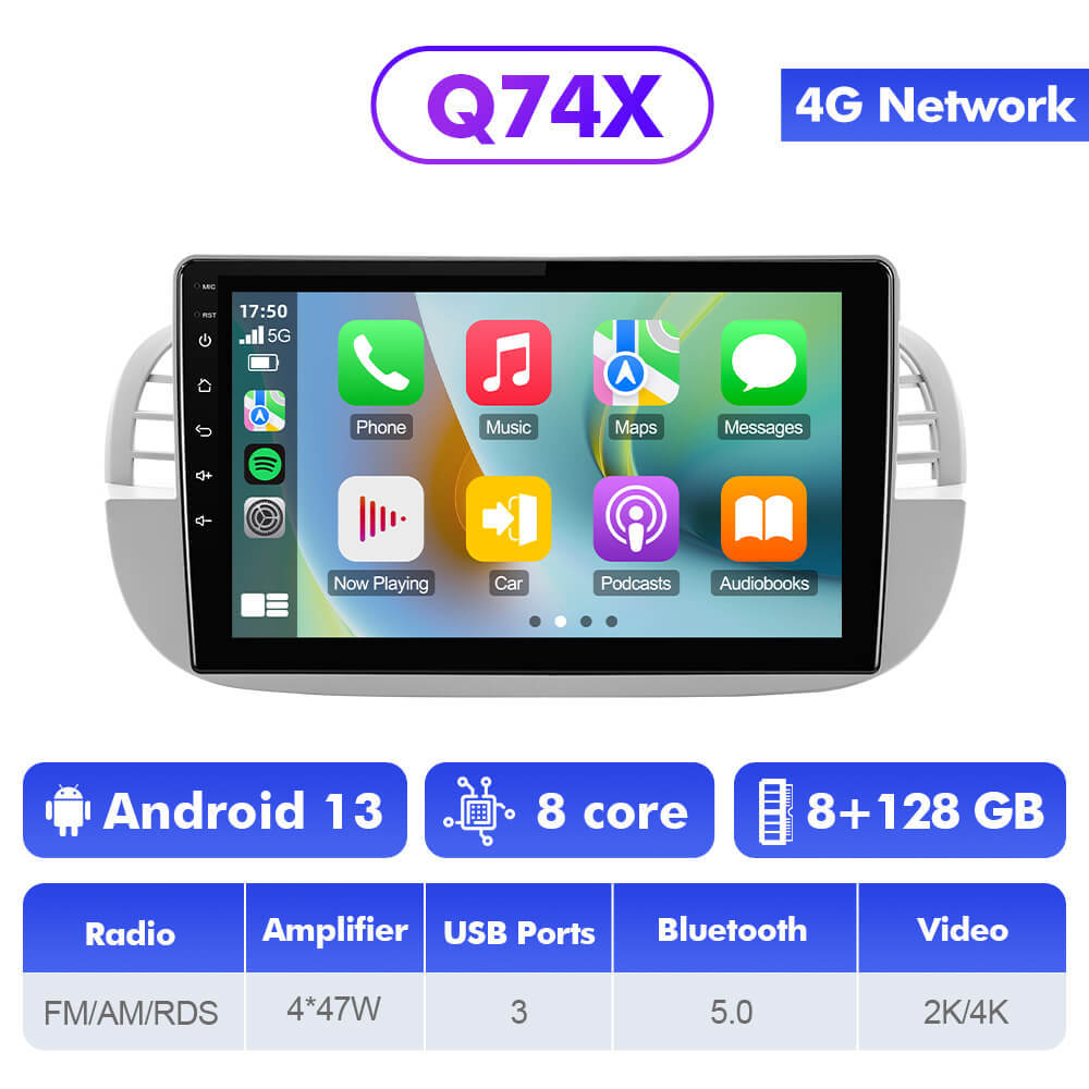 Q74X Qualcomm Android 13 Cat Stereo 9"  For Fiat 500 2007-2015