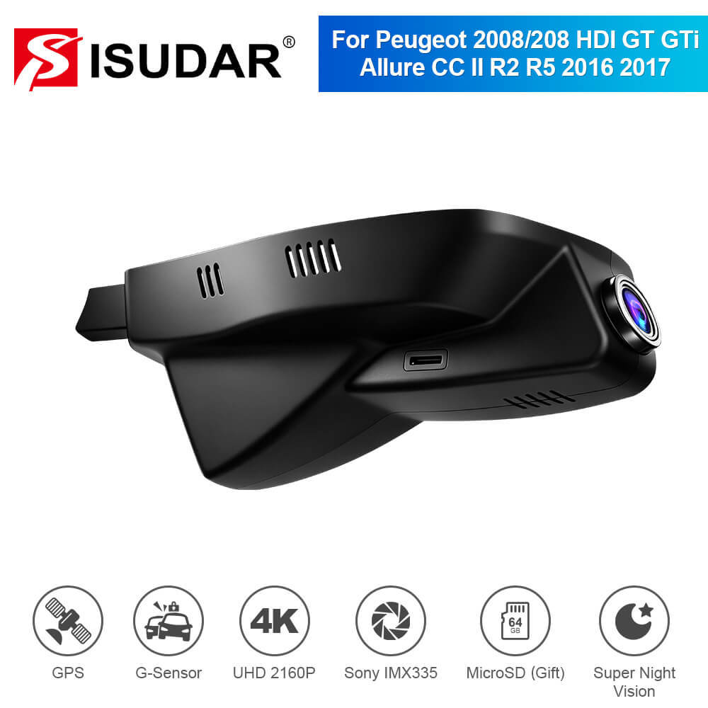 ISUDAR 2026 OEM Dash Cam | 4K UHD | Sony Sensor | WiFi App | For Peugeot 2008/208 HDI GT GTi Allure CC II R2 R5 2016-2017