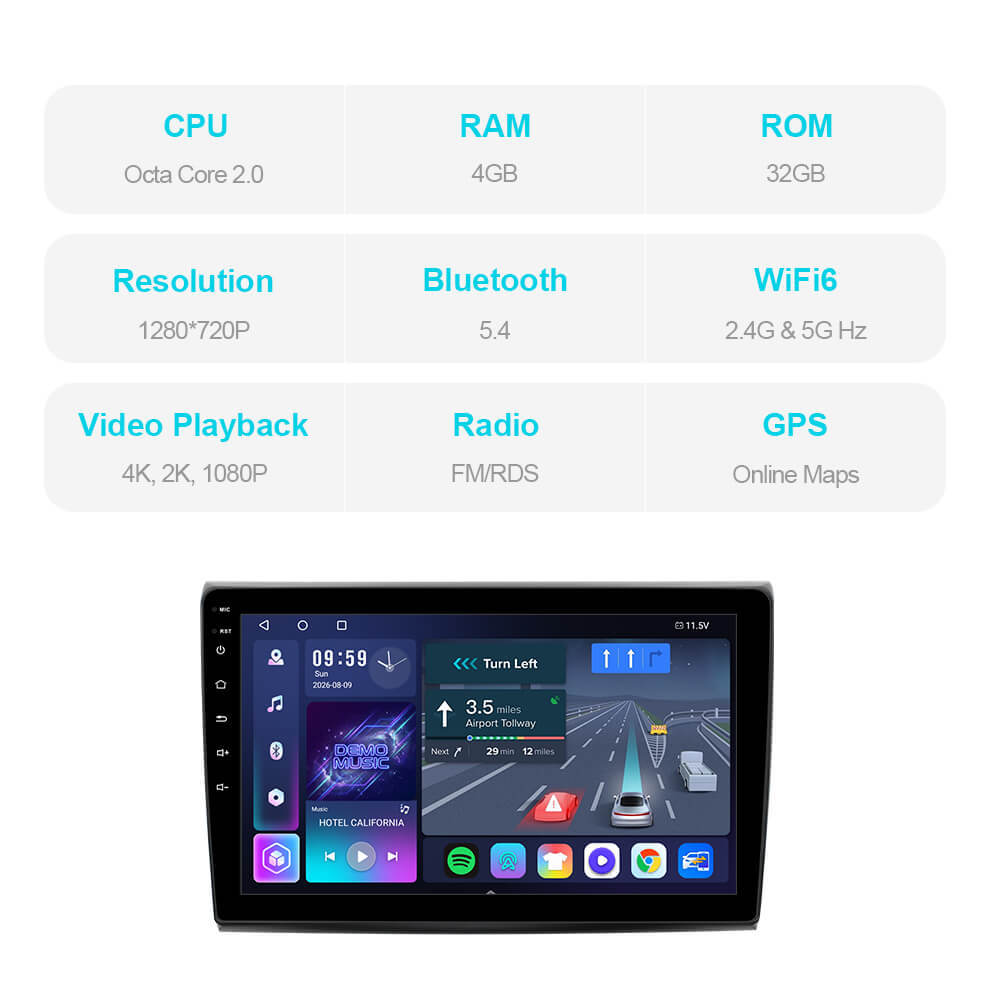 T57 Android 13 Car Stereo 9" Car Multimedia Player GPS Navigation Wireless CarPlay & Android Auto For Fiat Bravo 2007-2012