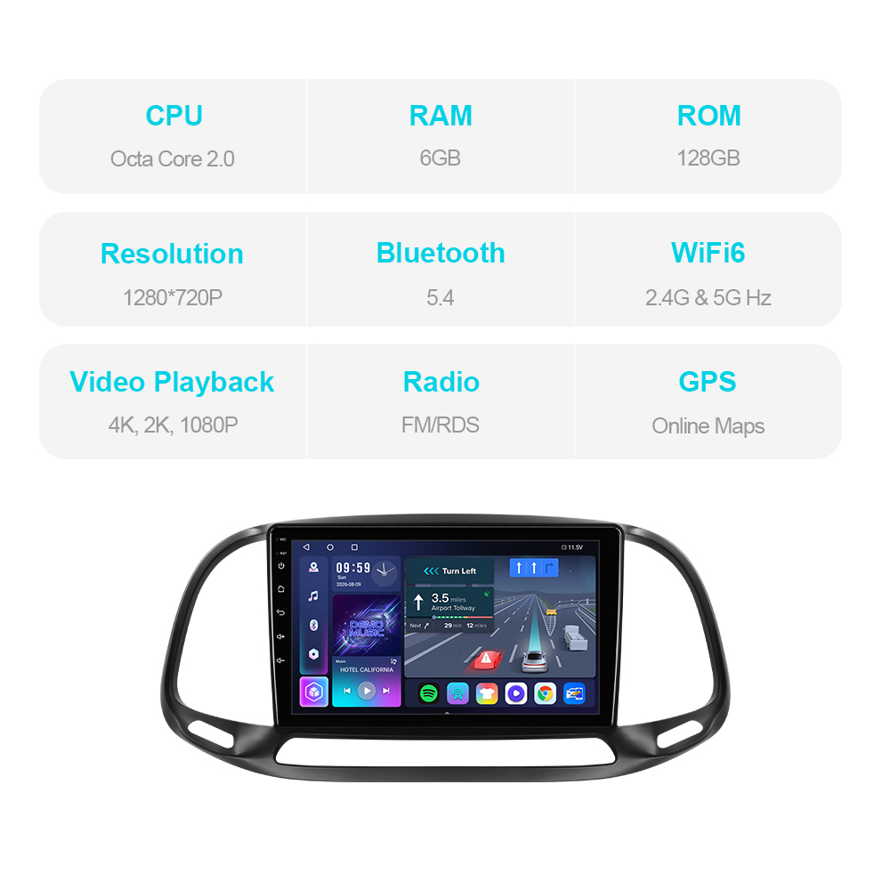 T57 Android 13 Car Stereo 9" Car Multimedia Player GPS Navigation Wireless CarPlay & Android Auto For Fiat Doblo 2015-