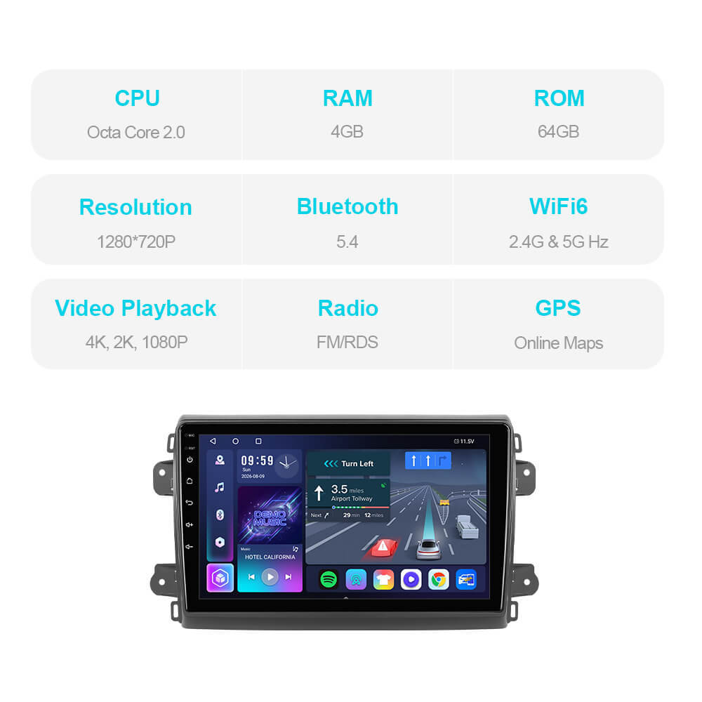 T57 Android 13 Car Stereo 9" Car Multimedia Player GPS Navigation Wireless CarPlay & Android Auto For Fiat Ducato Van L3H2 2021-2023