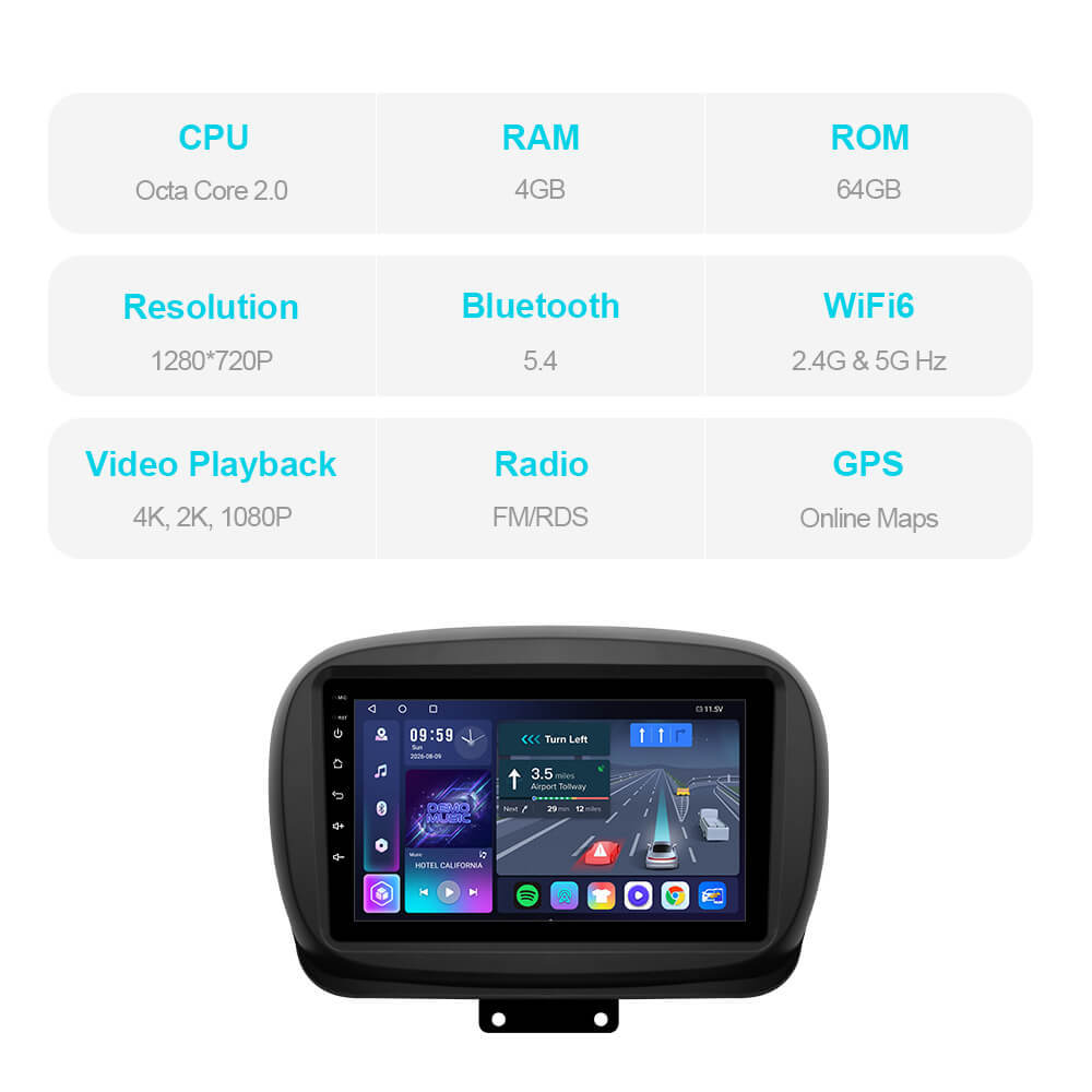 T57 Android 13 Car Stereo 9" Car Multimedia Player GPS Navigation Wireless CarPlay & Android Auto For Fiat 500X 2014-2019