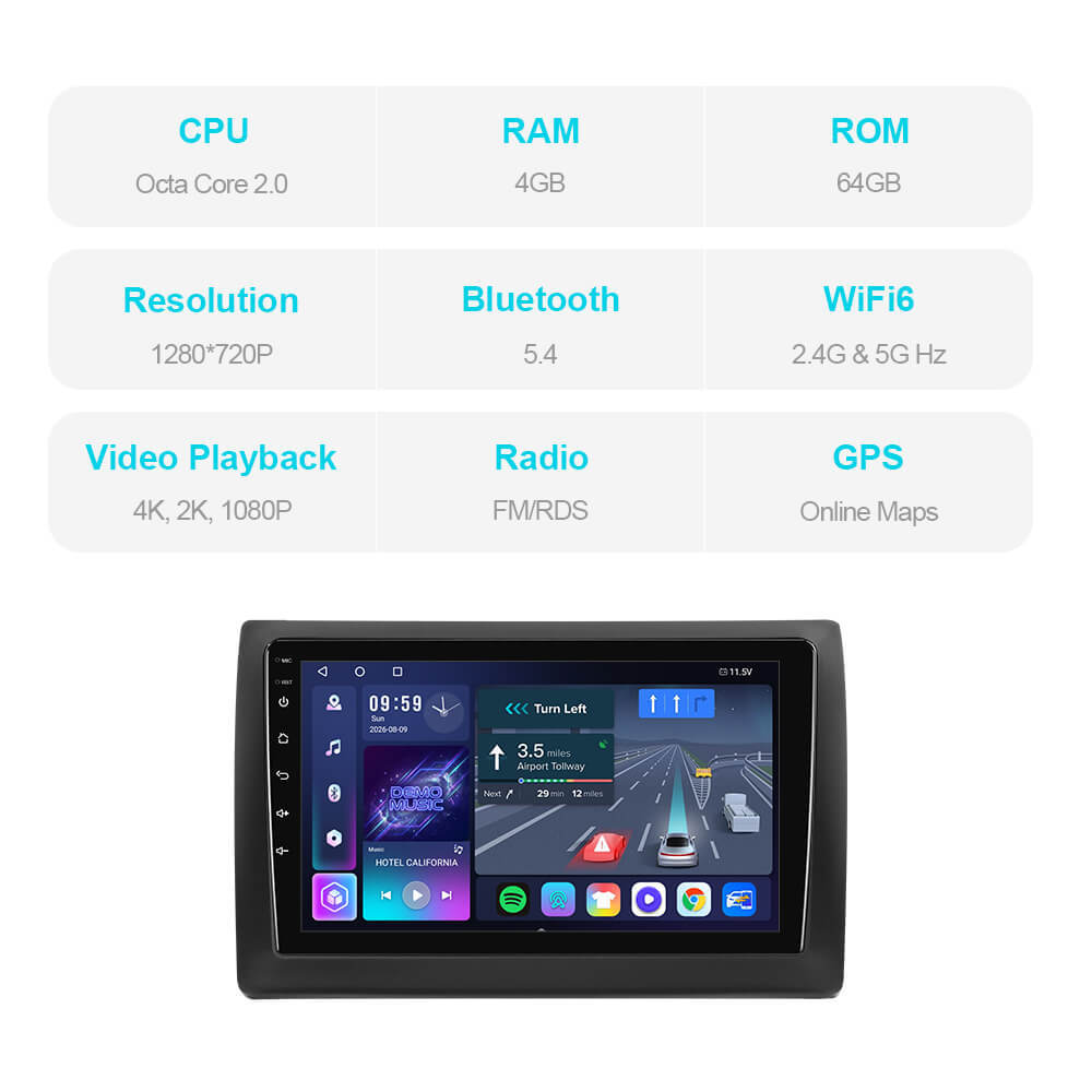 T57 Android 13 Car Stereo 9" Car Multimedia Player GPS Navigation Wireless CarPlay & Android Auto For Fiat 500X 2014-2019