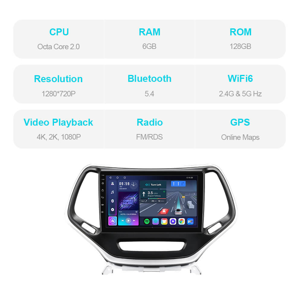 T57 Android 15 Car Stereo 10" 1280*720P For Jeep Cherokee 5 KL 2014-2018