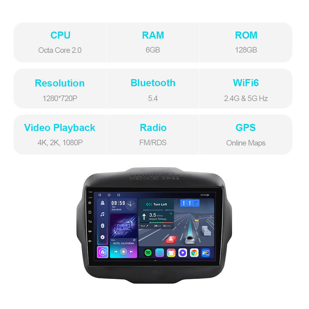 T57 Android 15 Car Stereo 9" 1280*720P For Jeep Renegade 2014-2022