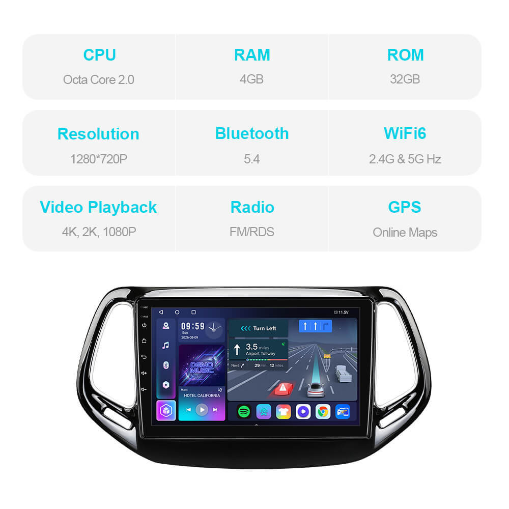 T57 Android 15 Car Stereo 10" 1280*720P For Jeep Compass 2 MP 2016-2019