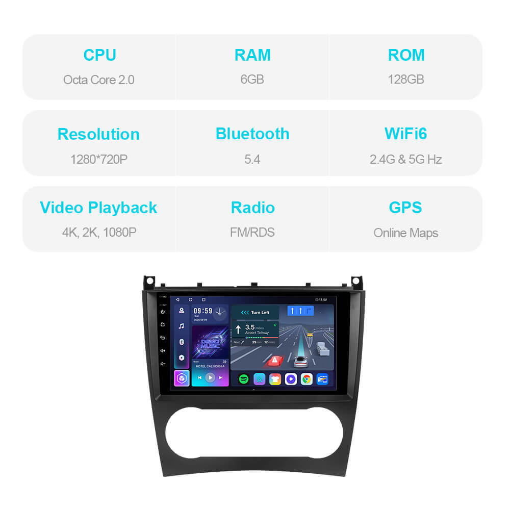 T57 Android 15 Car Stereo 9" 1280*720P For Mercedes-Benz C Class W203 CLK-CLASS C209 2005-2009 GLS
