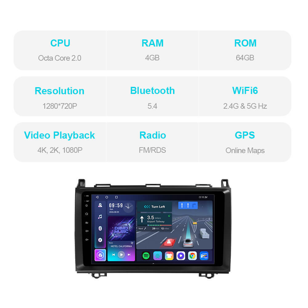 T57 Android 15 Car Stereo 9" 1280*720P For Mercedes-Benz Sprinter/B200/Viano/A-Class/B-Class
