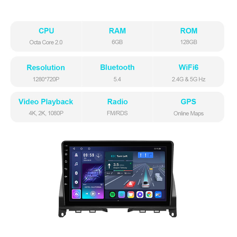 T57 Android 15 Car Stereo 9" 1280*720P For Mercedes-Benz W204 2006-2011