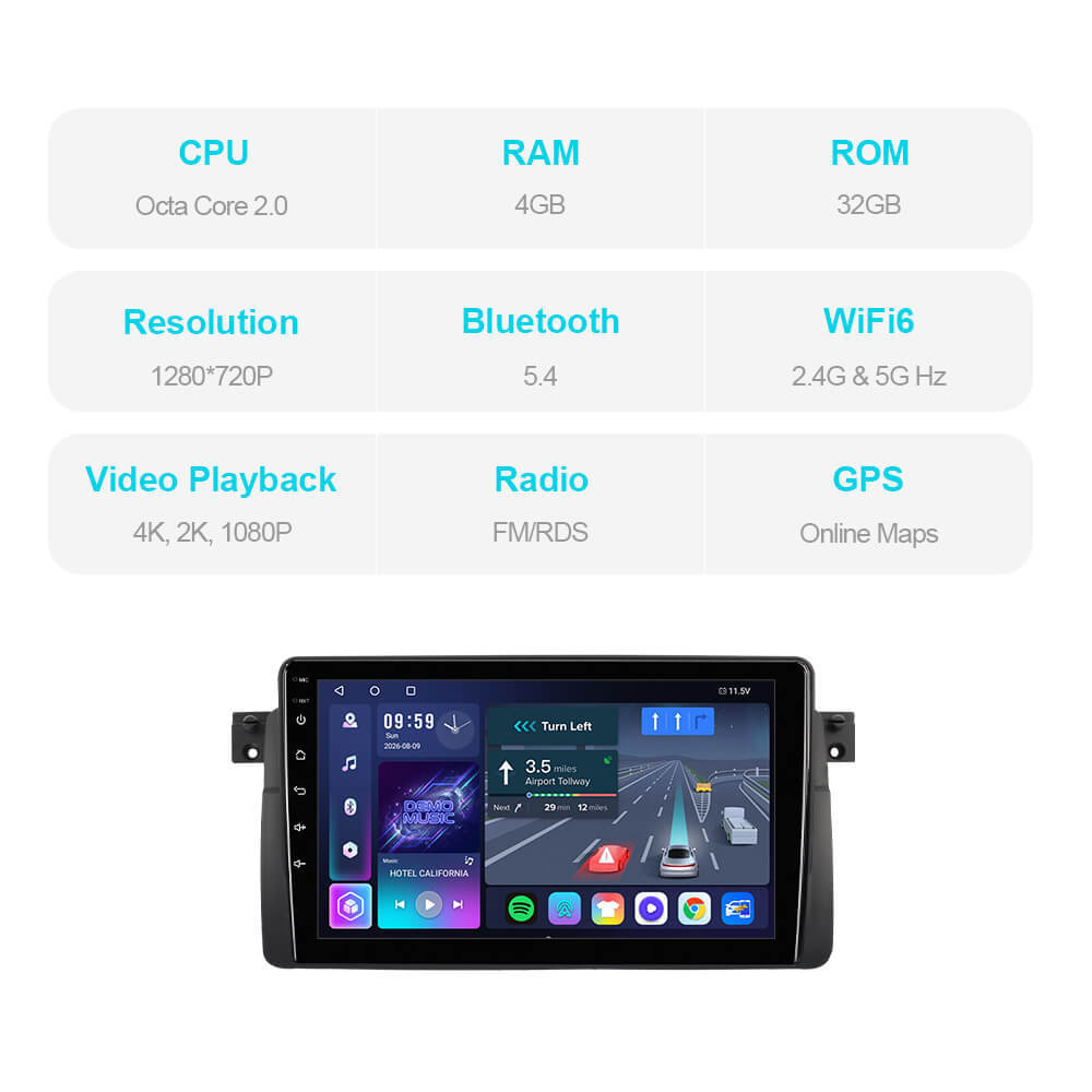 T57 Android 15 Car Stereo 9" 1280*720P For BMW 3 Series E46 M3 1998-2005