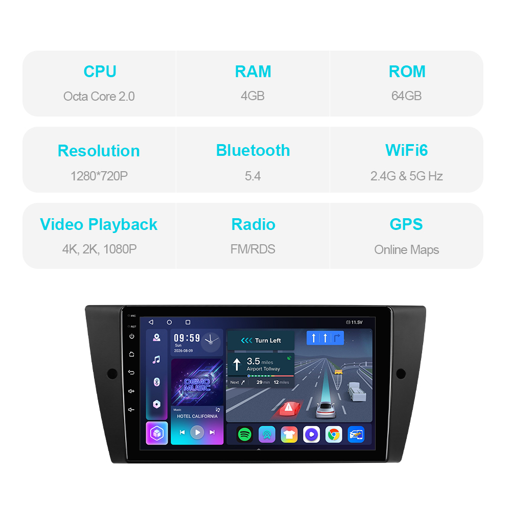 T57 Android 15 Car Stereo 9" 1280*720P For BMW E90 E91 E92 E93