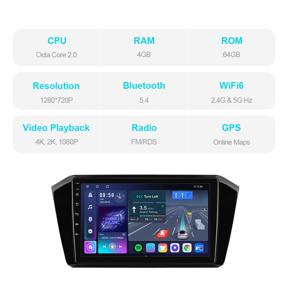 T57 Android 15 Car Stereo 10" 1280*720P For VW/Volkswagen Passat B8 2015-