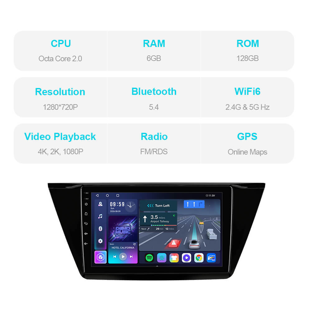 T57 Android 15 Car Stereo 10" 1280*720P For VW/Volkswagen/TOURAN 2016-2018