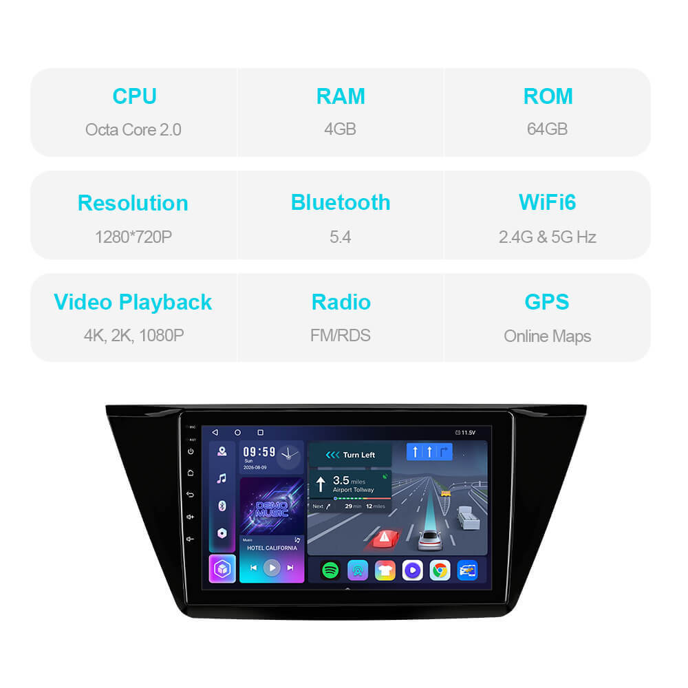 T57 Android 15 Car Stereo 10" 1280*720P For VW/Volkswagen/TOURAN 2016-2018