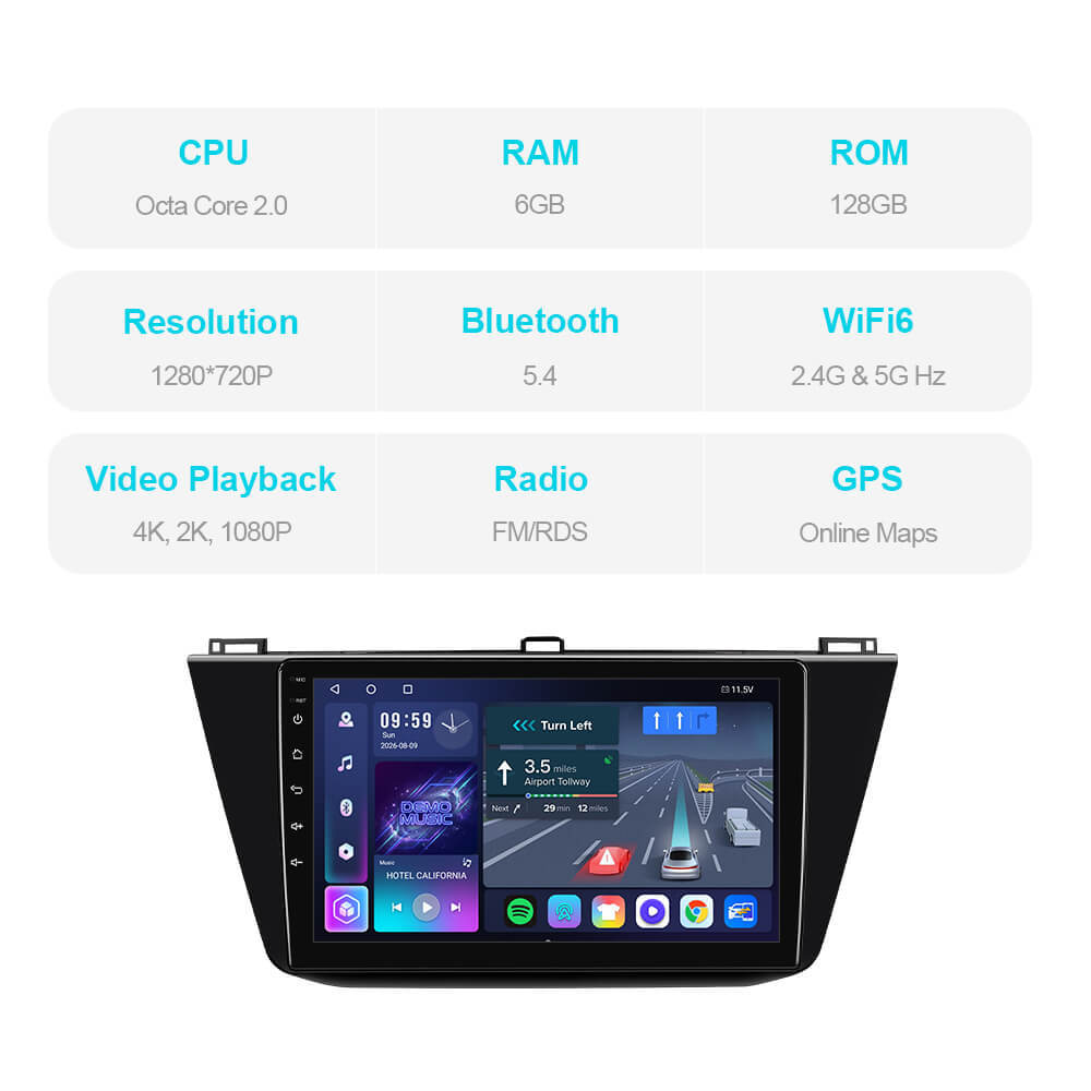T57 Android 15 Car Stereo 10" 1280*720P For VW/Volkswagen/Tiguan