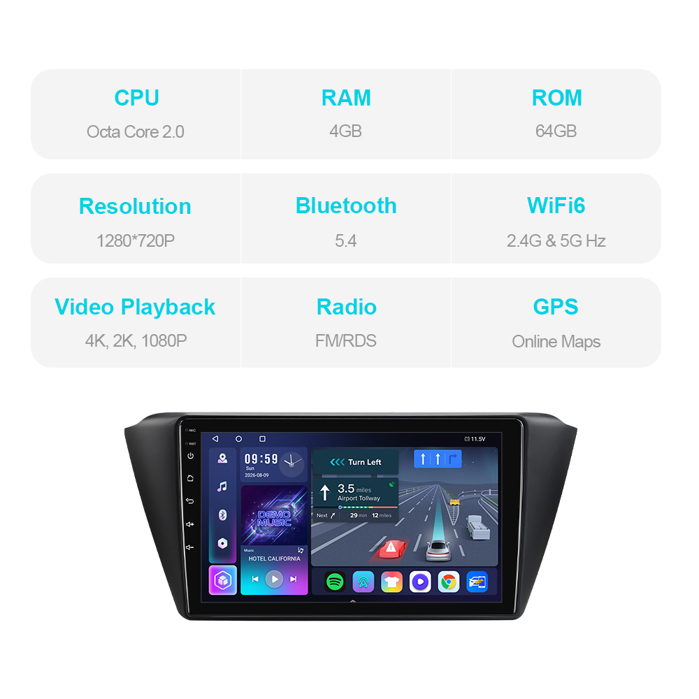 T57 Android 15 Car Stereo 9" 1280*720P For Skoda Fabia 2015-2019